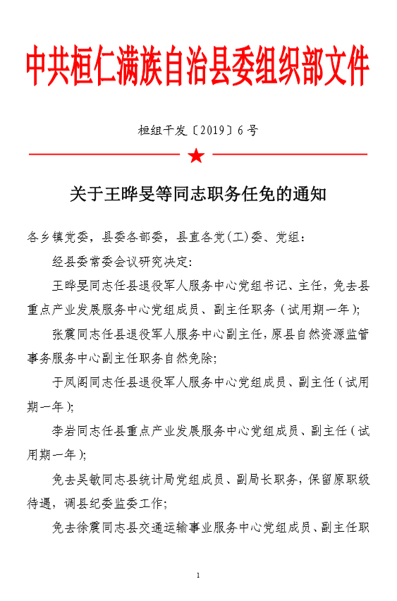 关于王晔旻等同志职务任免的通知_人事任免_桓仁满族